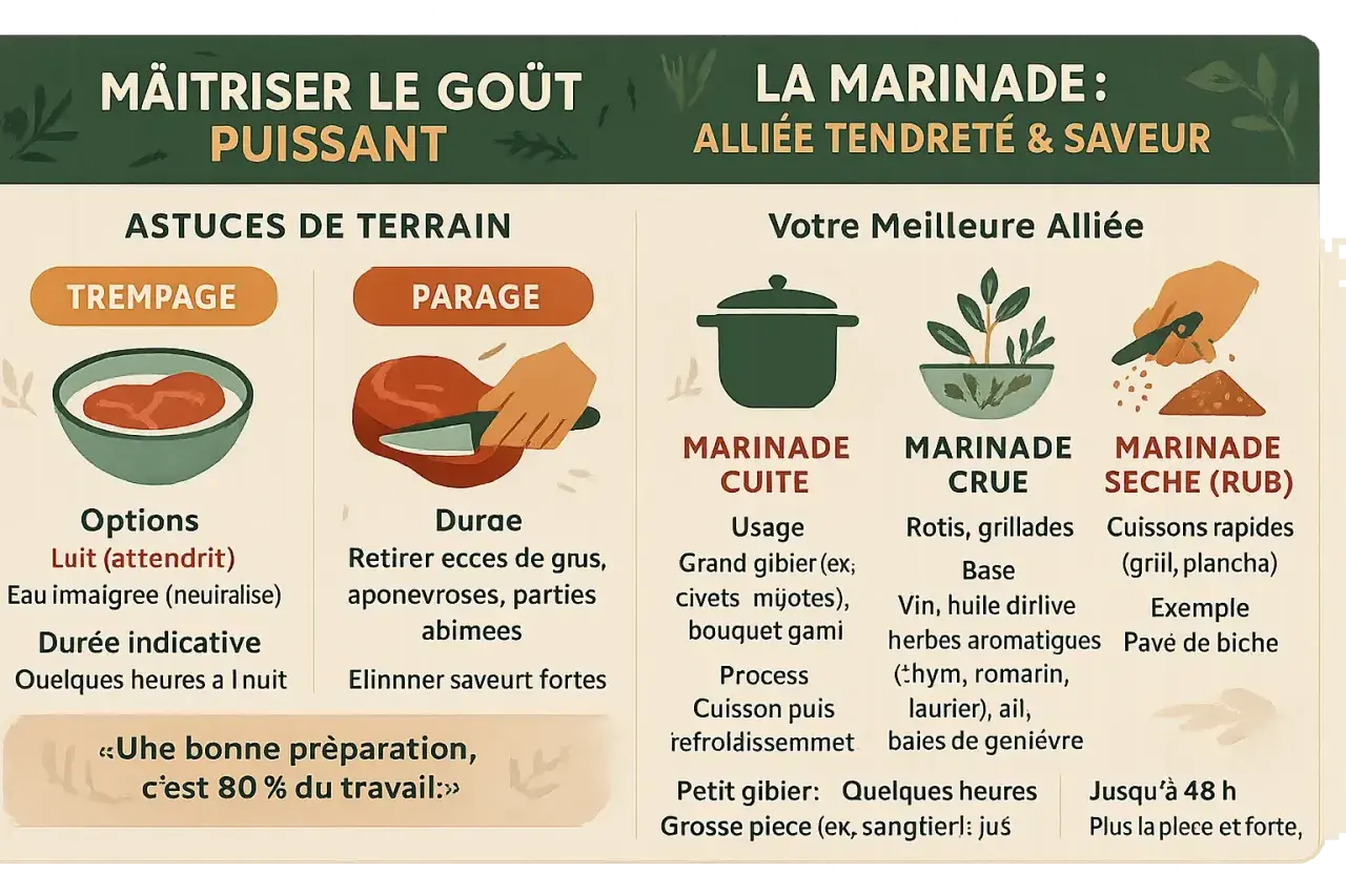 La marinade, alliée du sanglier, propose des méthodes cuites, crues ou sèches. Le vin est une base pour la marinade crue.