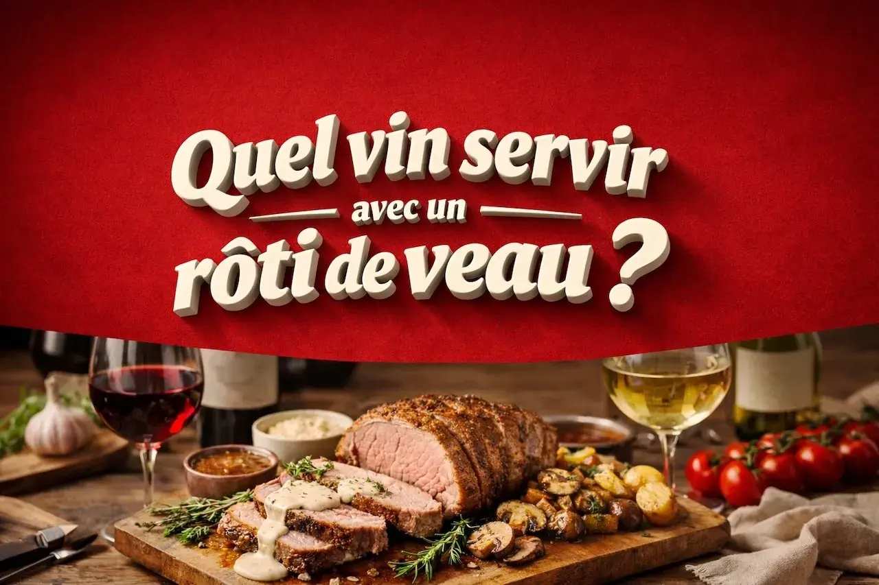 Un délicieux rôti de veau, accompagné de pommes de terre et de champignons, prêt à être dégusté avec un verre de vin.