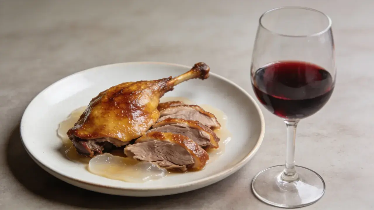 Un plat de canard rôti, tranché et nappé de sauce, accompagné d'un verre de vin rouge. Le parfait accord pour savoir quel vin rouge avec du canard.