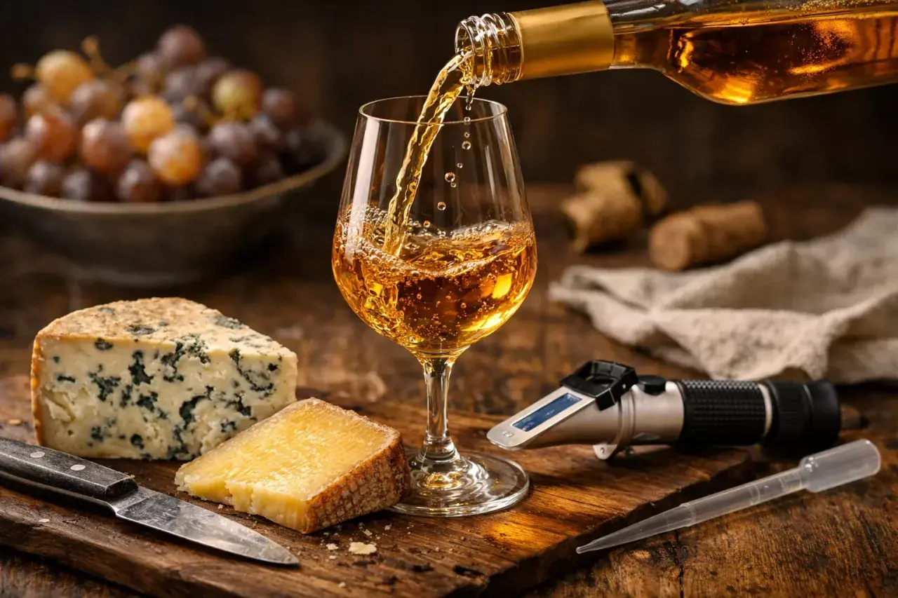 Vin doré versé dans un verre, accompagné de fromages et de raisins. Un réfractomètre suggère la mesure des coteaux du Layon sec ou moelleux.