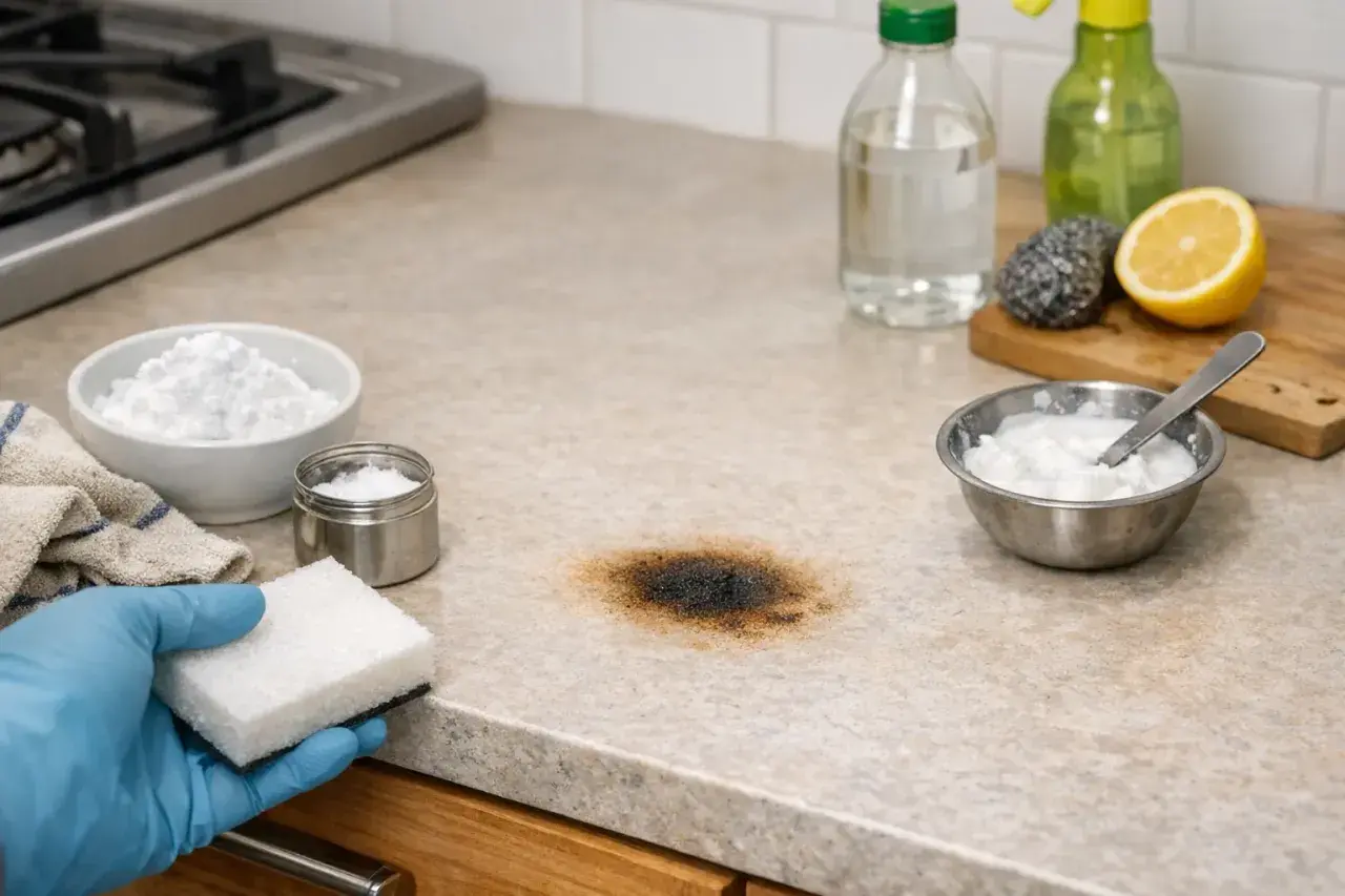 Maintenant, découvrez comment enlever une tache de brûlure sur votre plan de travail avec du bicarbonate de soude et du citron.