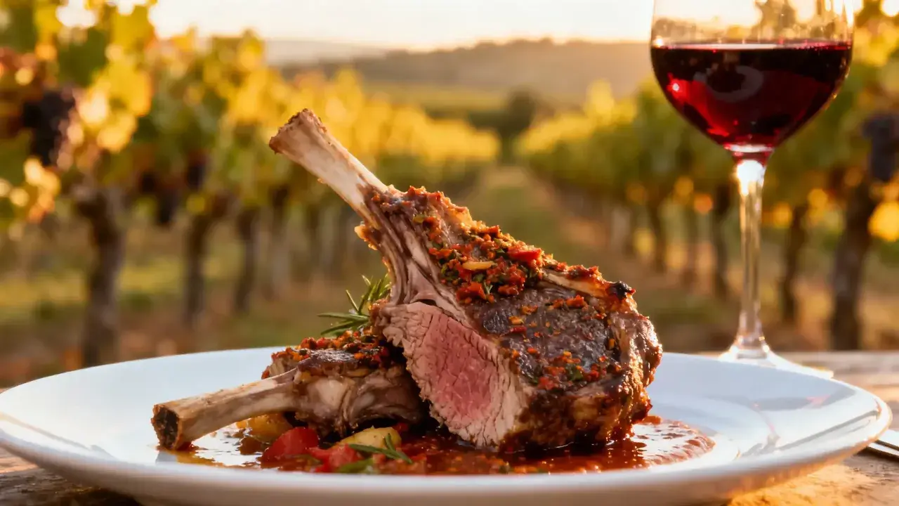 Un plat de navarin d'agneau savoureux, accompagné d'un verre de vin rouge, dans un décor de vignoble au coucher du soleil.