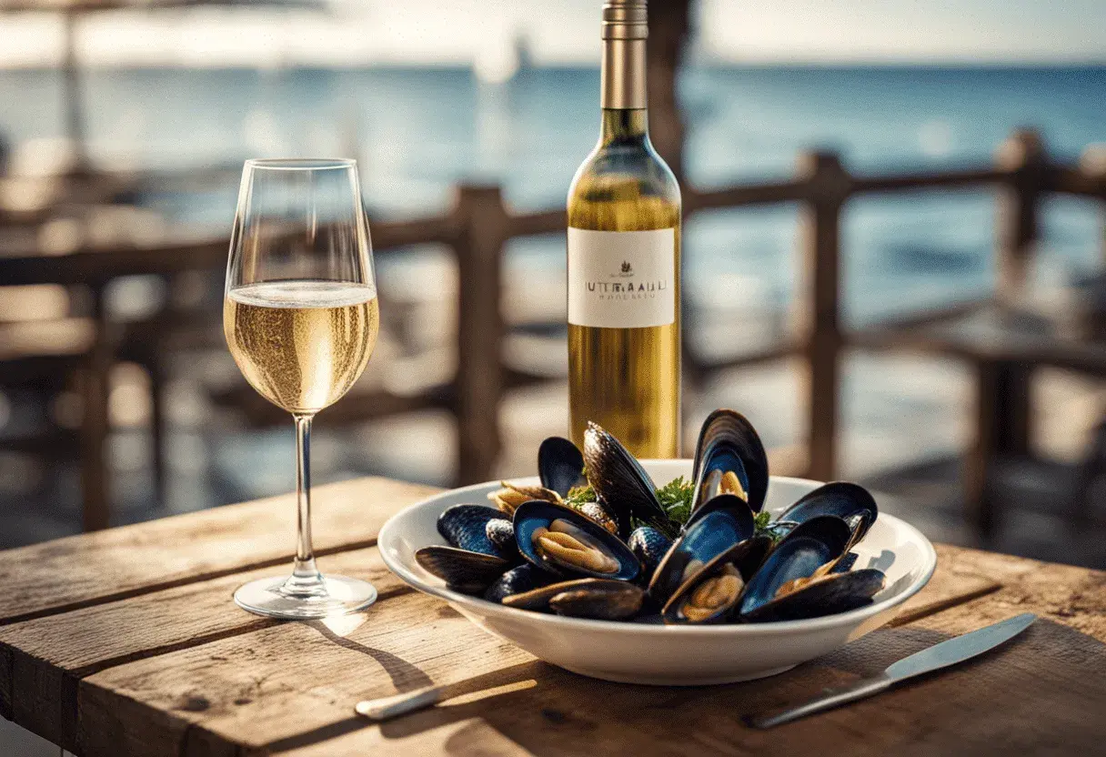 Un verre de vin d'Alsace pétillant et une assiette de moules fraîches sur une table en bois, avec la mer en arrière-plan. Parfait pour savoir quel vin d'Alsace avec des moules.