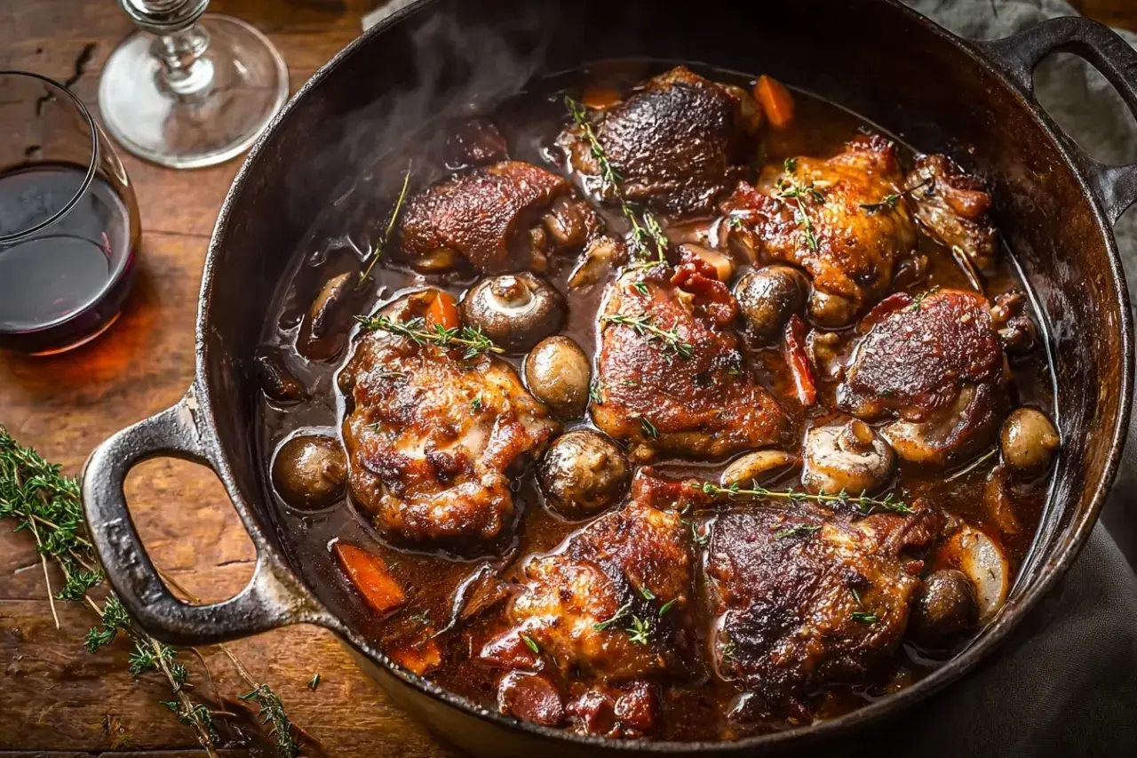 Un plat de coq au vin mijotant dans une cocotte en fonte, avec des morceaux de poulet, des champignons et des carottes. Le vin rouge à côté suggère quel vin pour un coq au vin.