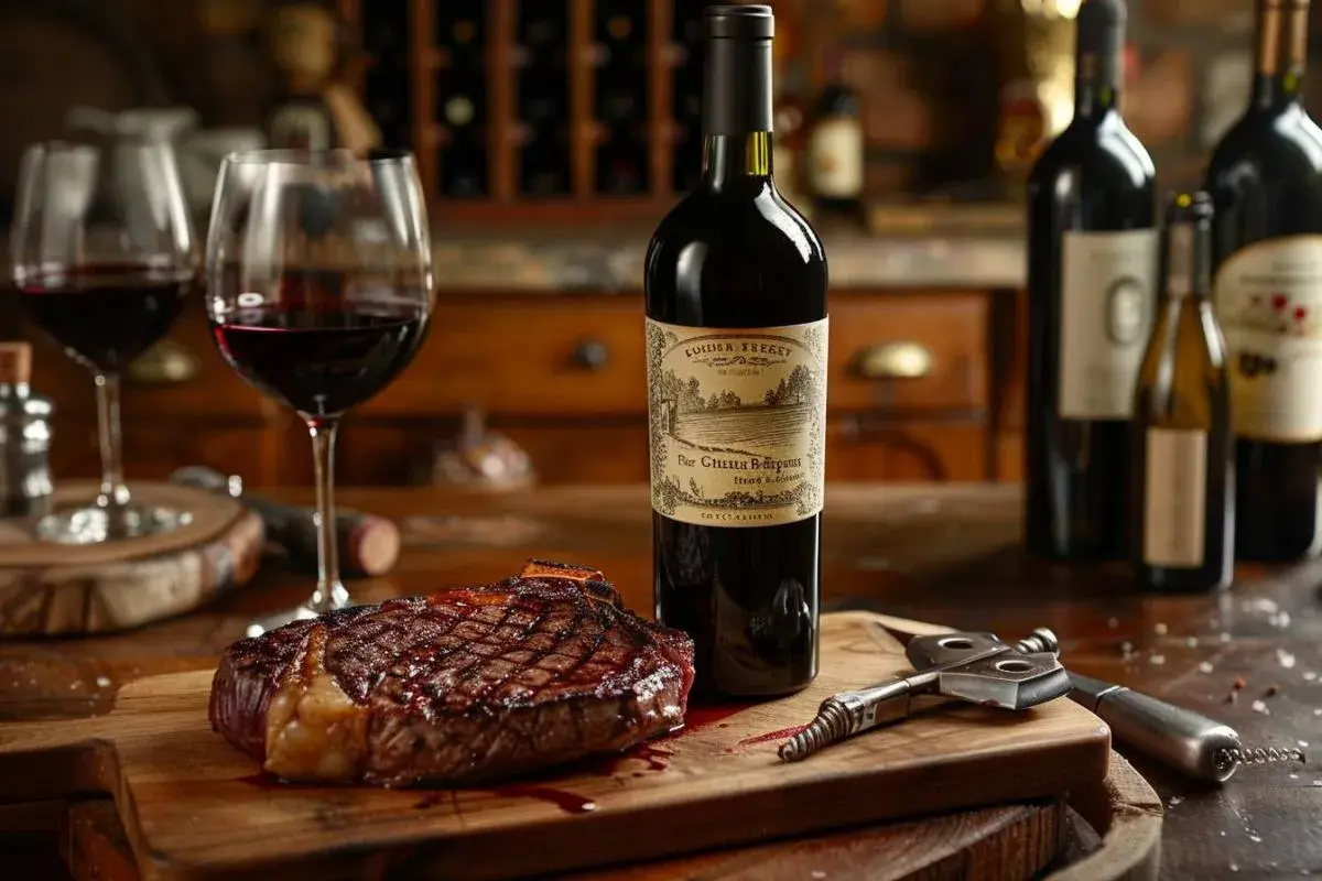 Un succulent roti de boeuf grillé, prêt à être dégusté avec un verre de vin rouge.