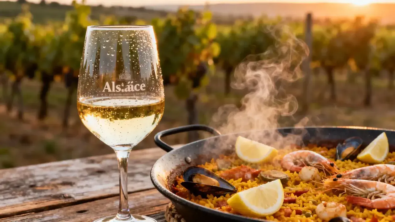 Verre de vin blanc frais et paella fumante aux fruits de mer, avec des vignes en arrière-plan au coucher du soleil.