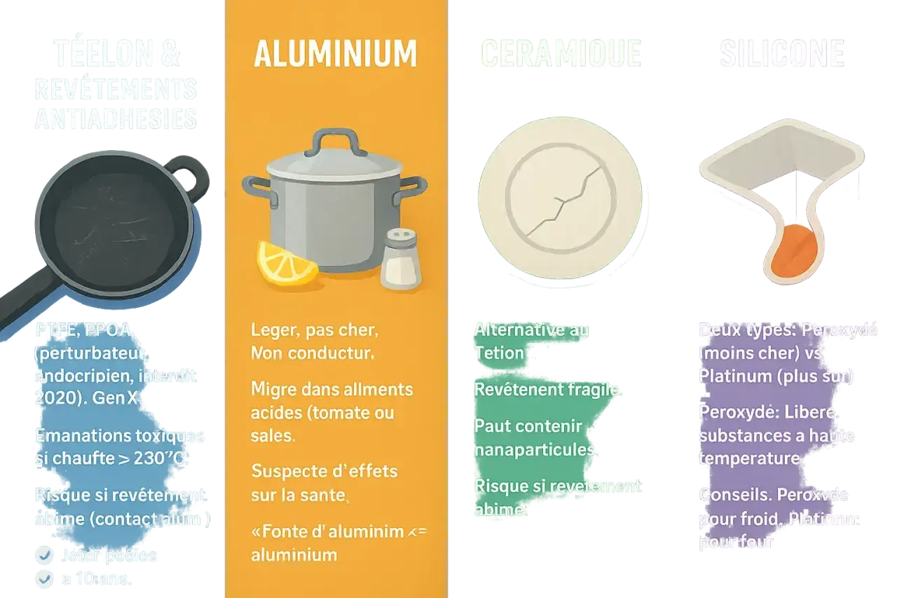Comparaison des ustensiles : Téflon, Aluminium, Céramique, Silicone. Découvrez les meilleurs ustensiles de cuisine pour la santé et leurs risques.