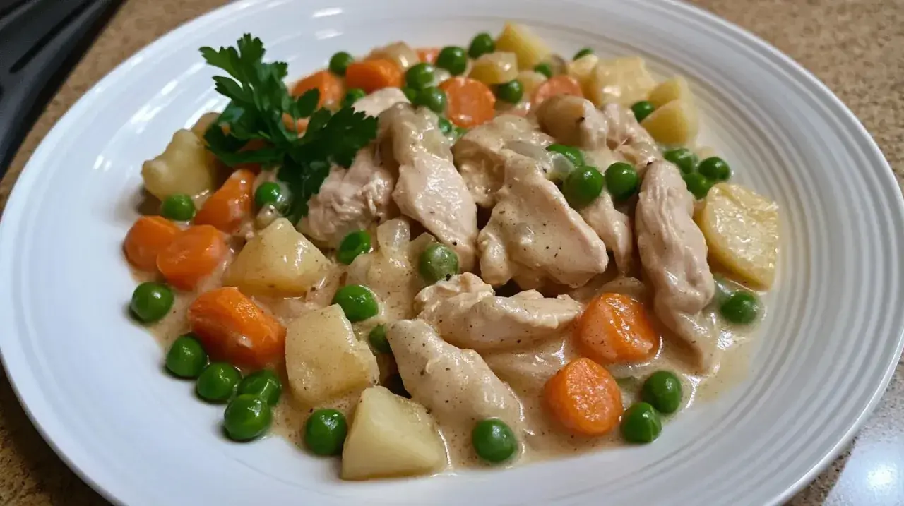 Délicieux accompagnement blanquette de poulet avec des morceaux de poulet, des carottes, des pommes de terre et des petits pois dans une sauce crémeuse.