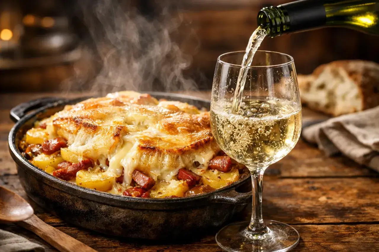 Un verre de vin blanc pétillant est versé à côté d'une tartiflette fumante. La question "quoi boire avec une tartiflette" trouve ici une réponse parfaite.