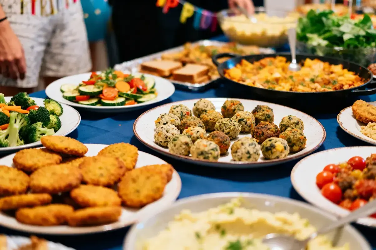 Buffet varié pour une kermesse : boulettes végétales, nuggets, salades, pâtes. Une belle idée repas kermesse école pour régaler petits et grands !