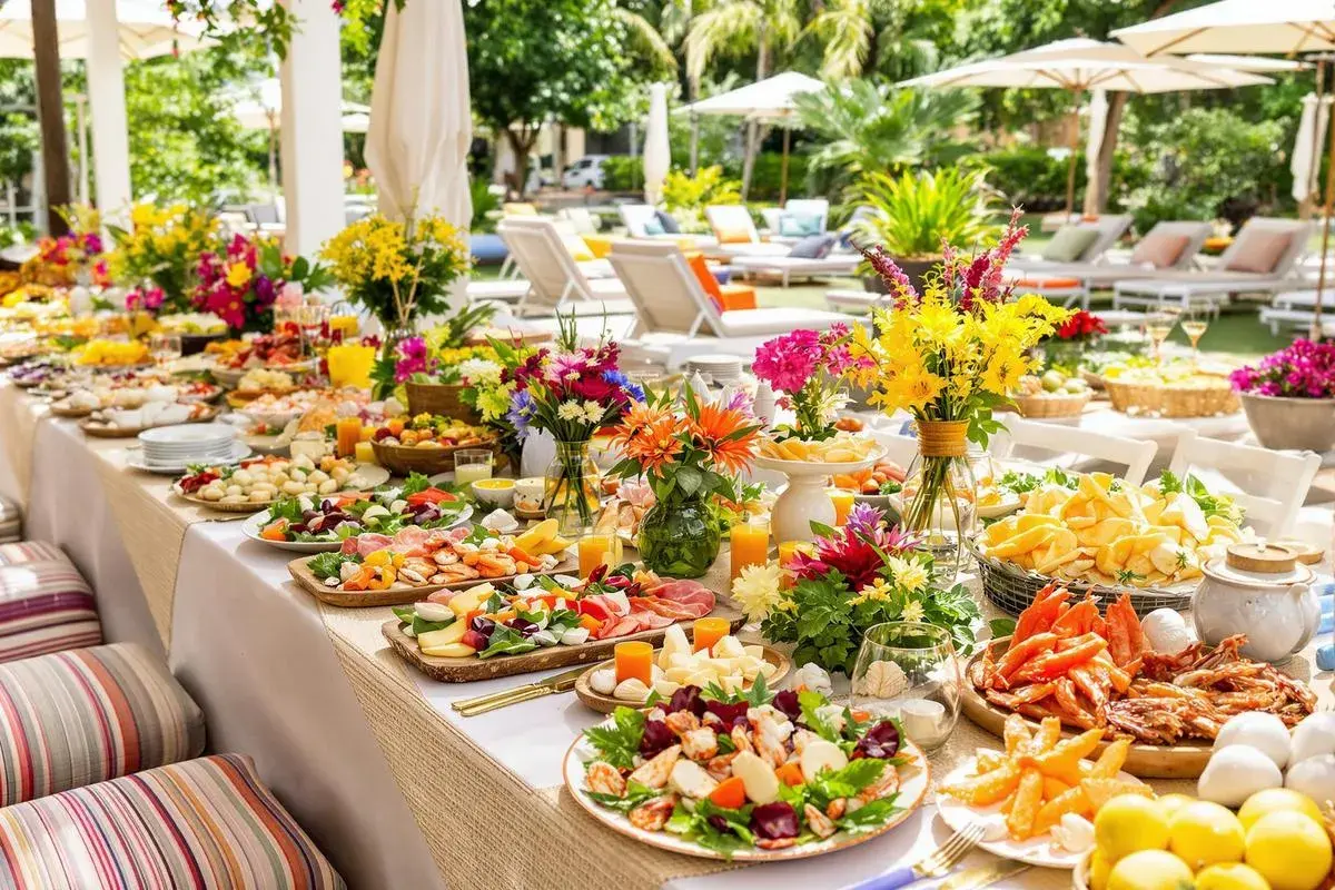 Un grand buffet en plein air, décoré de fleurs colorées, invite à un repas entre amis. Des fruits de mer, fromages et salades composent ce festin estival.