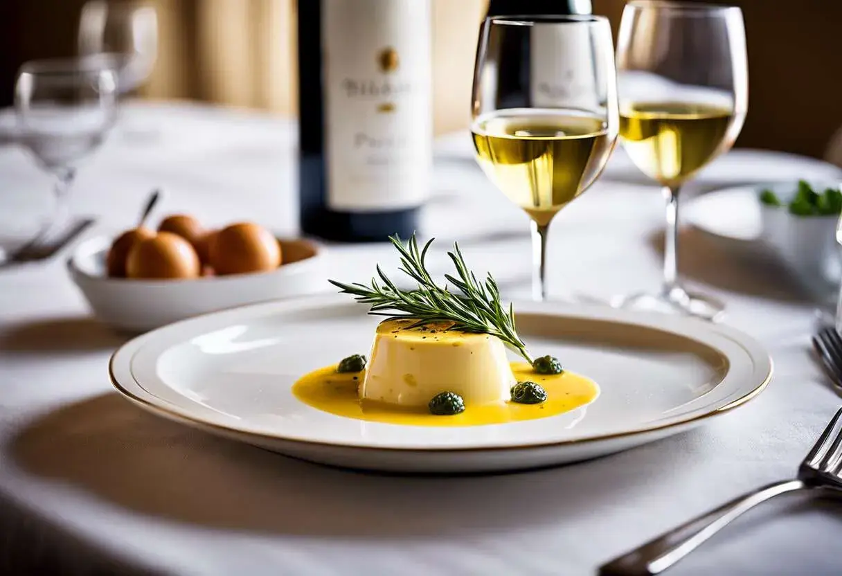 Un délicieux flan jaune, garni de romarin et de petites olives, baigne dans une sauce onctueuse. Un verre de vin blanc et une bouteille complètent cette scène gourmande, évoquant un savoureux vin avec aioli.
