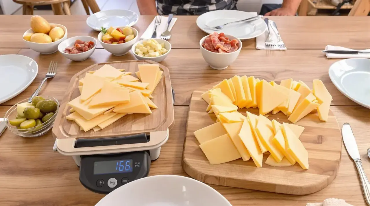 Préparation d'un repas : quelle quantité de fromage pour 40 personnes ? Des tranches de fromage sont coupées sur des planches, avec des accompagnements comme des pommes de terre et des cornichons.
