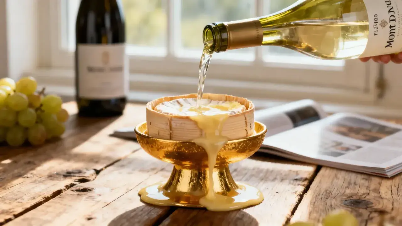 Vin blanc versé sur un fromage fondant, prêt pour une fondue suisse. Raisins et bouteille en arrière-plan.