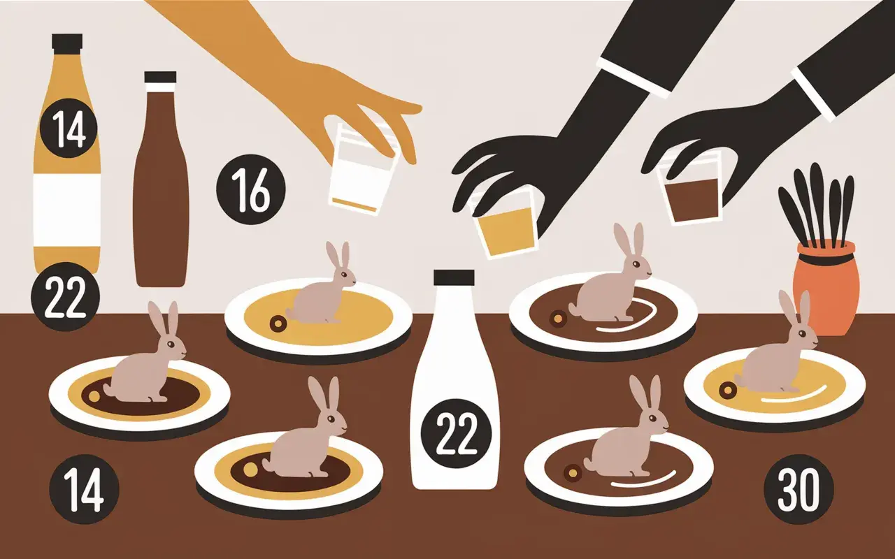 Des lapins sur des assiettes, des bouteilles et des mains versant des liquides. Quel vin avec du lapin ? Les chiffres suggèrent des choix.