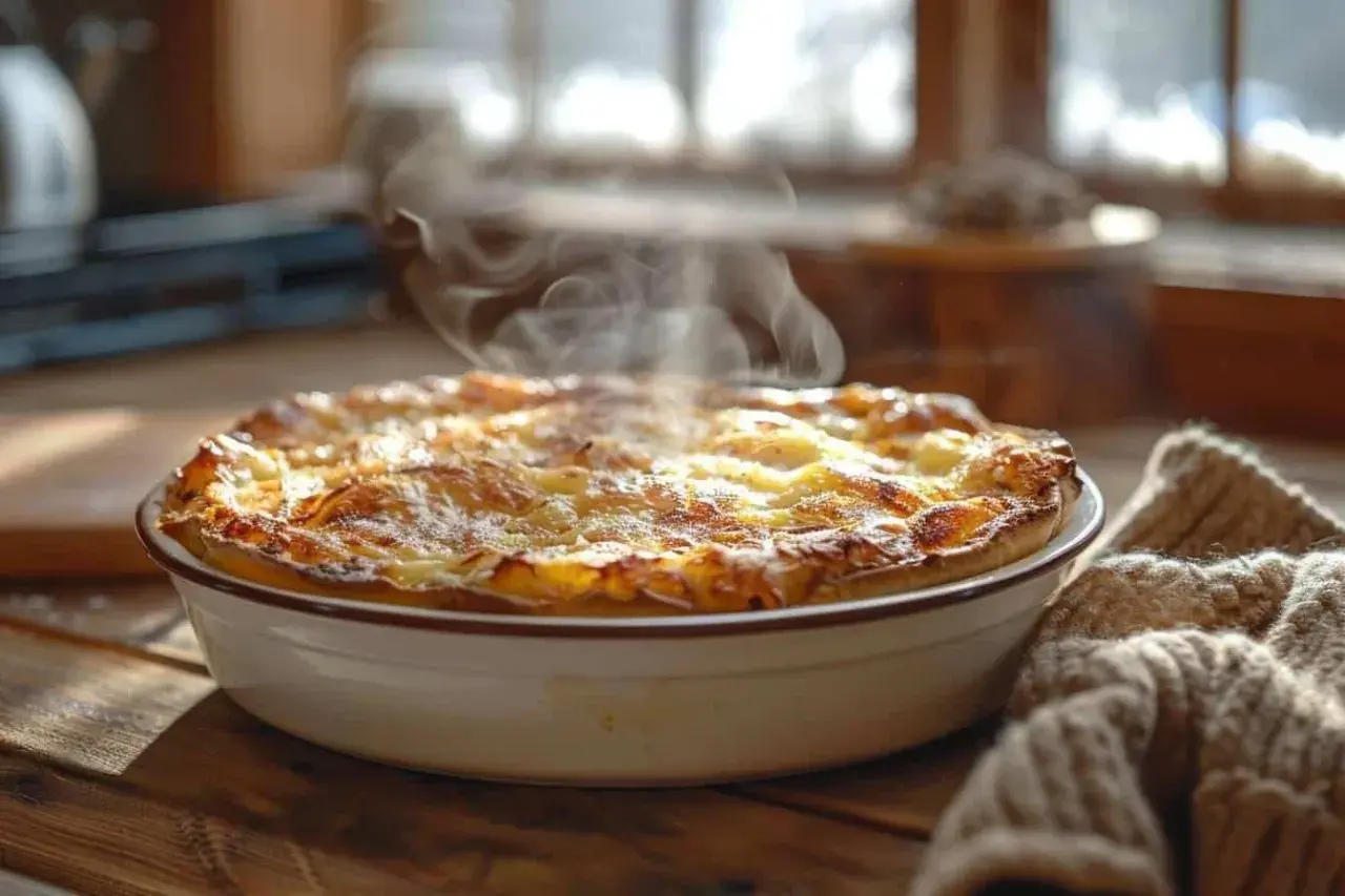 Un plat gratiné et fumant sort du four. Idéal pour savoir à quelle température faire réchauffer un plat au four.