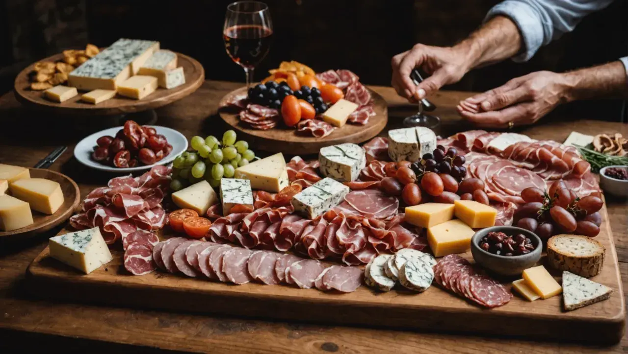 Plateau de charcuterie et fromages variés, avec raisins et tomates cerises. Parfait pour savoir quel vin avec charcuterie.