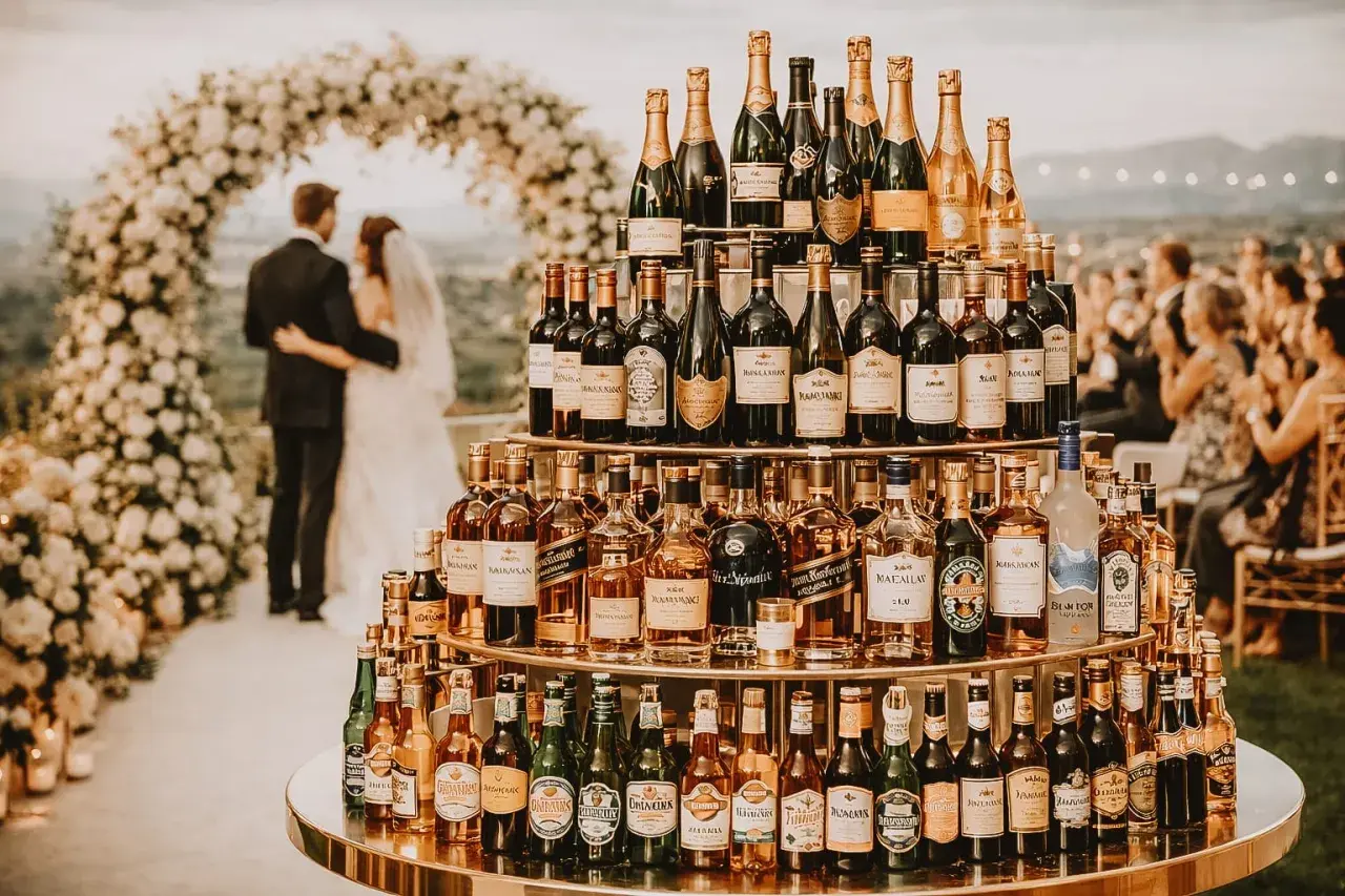 Une pyramide de bouteilles pour un vin d'honneur de mariage. Les mariés se tiennent sous une arche fleurie.