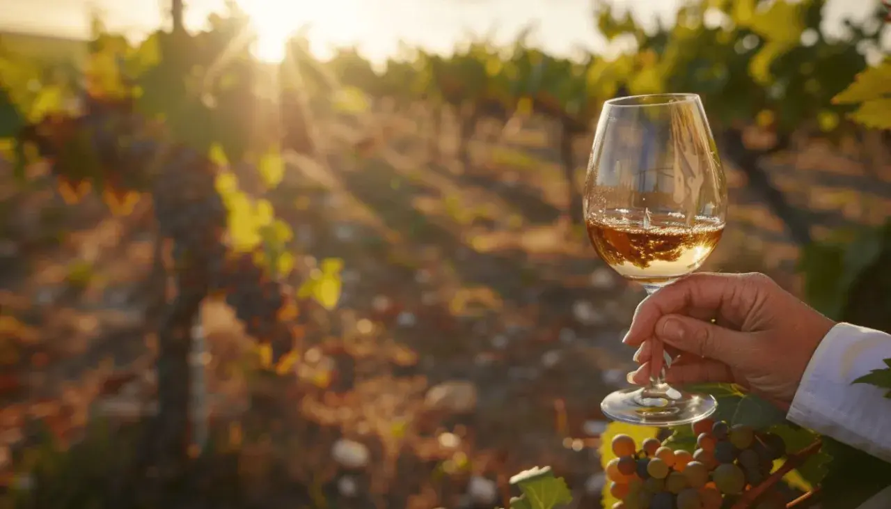 Verre de vin blanc dans un vignoble au coucher du soleil. La crianza vin, fruit de la terre, brille dans la lumière dorée.