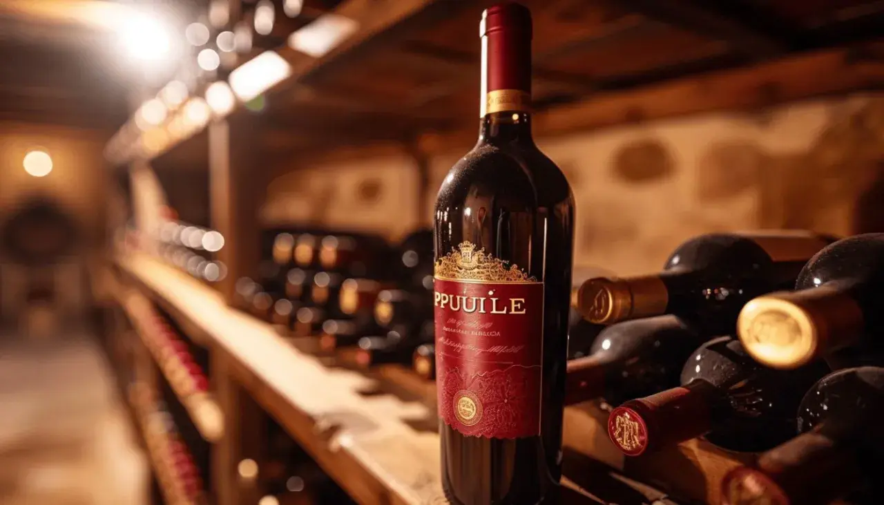 Une bouteille de vin rouge d'un millésime Pauillac, posée sur une étagère dans une cave à vin.