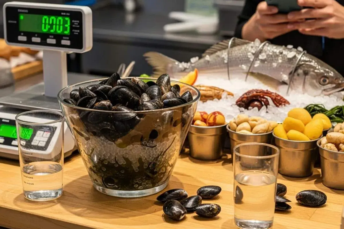 Un grand bol de moules prêtes à être pesées. La quantité par personne est importante pour un repas savoureux.