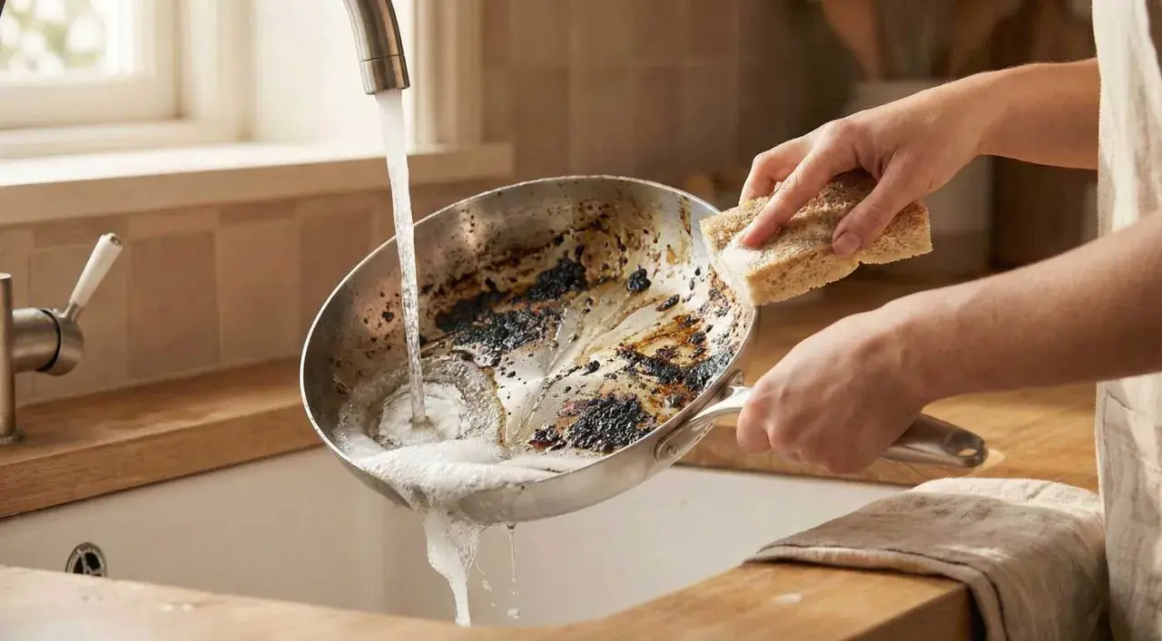 Nettoyer poêle bicarbonate vinaigre : une main frotte une poêle brûlée sous l'eau courante avec une éponge.