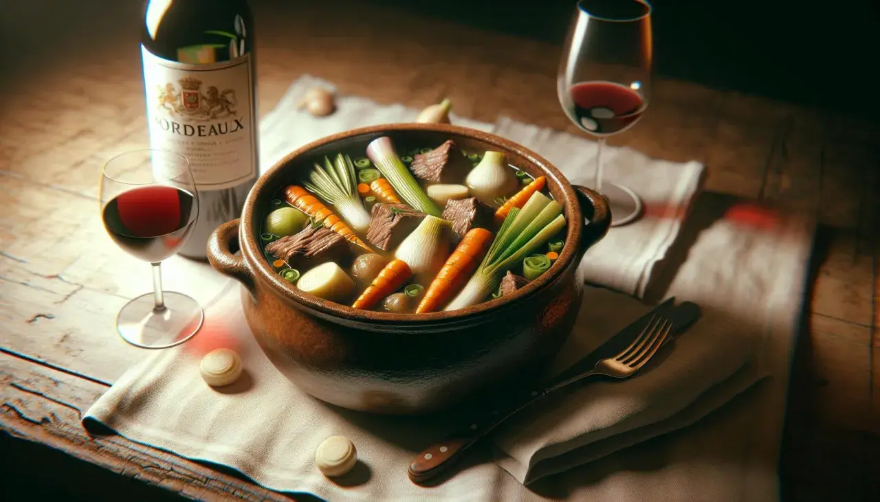Un pot au feu de bœuf mijote, prêt à être dégusté avec un verre de vin rouge. Carottes, poireaux et oignons se mêlent à la viande dans ce plat réconfortant.