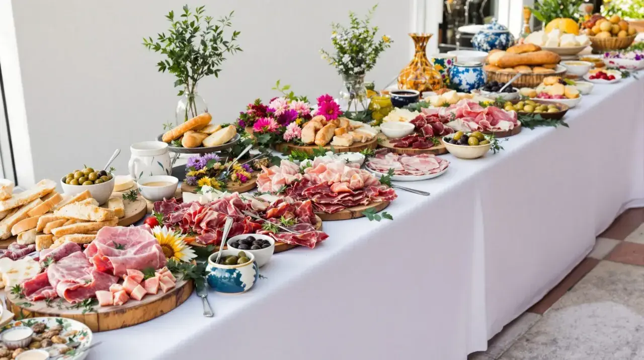 Un magnifique buffet restauration débordant de charcuteries, fromages, pains et olives, décoré de fleurs fraîches.