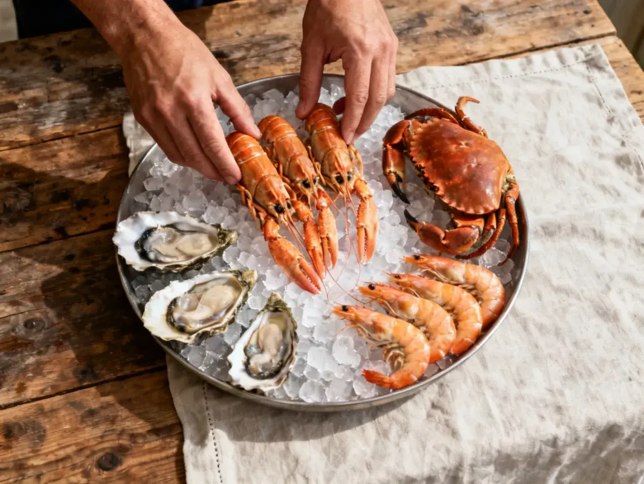 Préparer un plateau de fruits de mer : langoustines, crevettes, huîtres et un crabe sur un lit de glace.