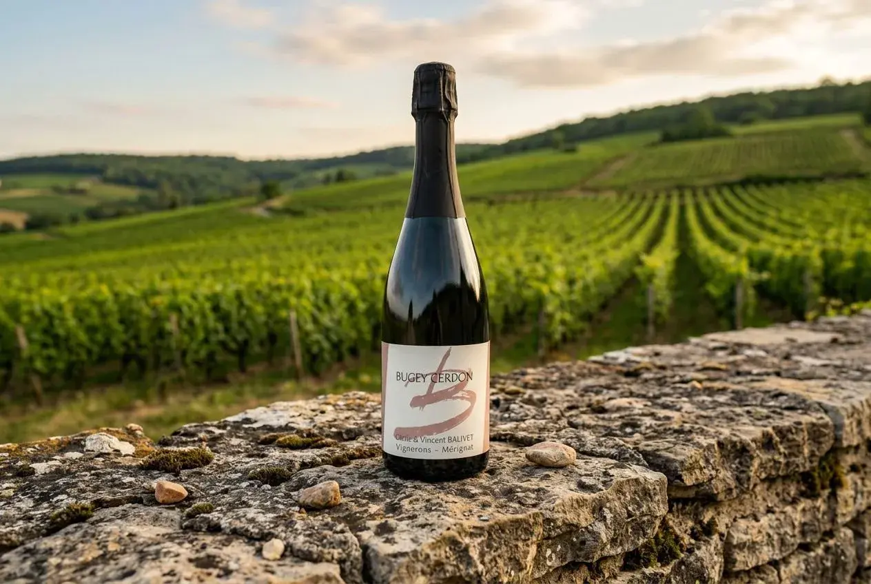 Bouteille de Bugey Cerdon blanc posée sur un muret de pierre, avec des vignes à perte de vue en arrière-plan.