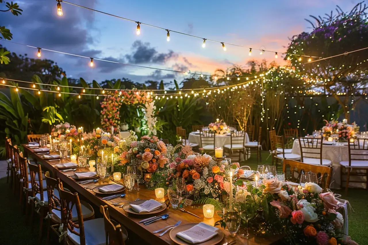Magnifique table dressée pour un vin d'honneur en extérieur, illuminée par des guirlandes lumineuses et des bougies. Des fleurs abondantes décorent la table.