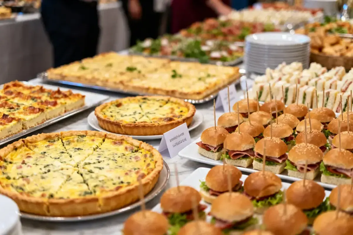 Buffet du Nouvel An : tartes salées, mini-burgers et sandwichs triangulaires, une belle idée pour un repas convivial.
