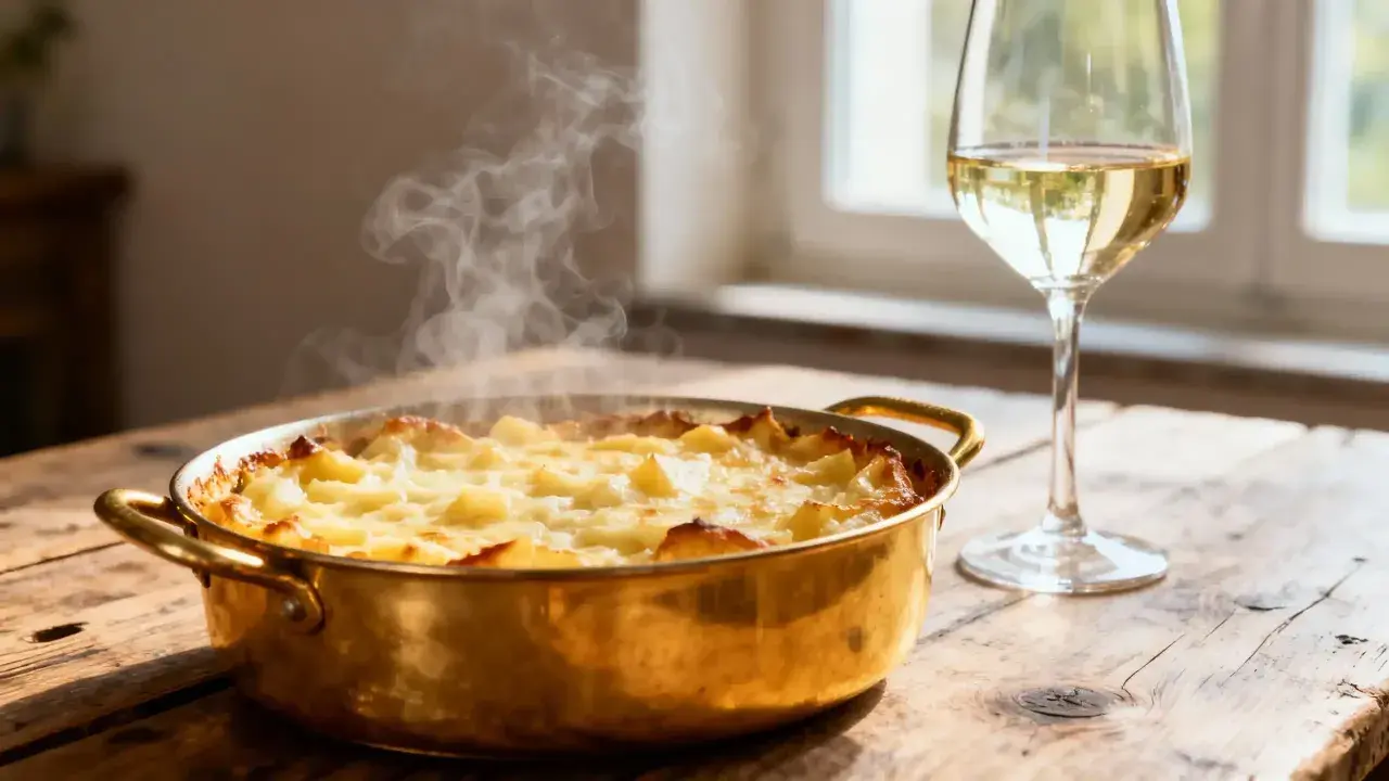 Un plat de croziflette fumant et un verre de vin blanc. Le mariage parfait pour savoir quel vin avec croziflette.