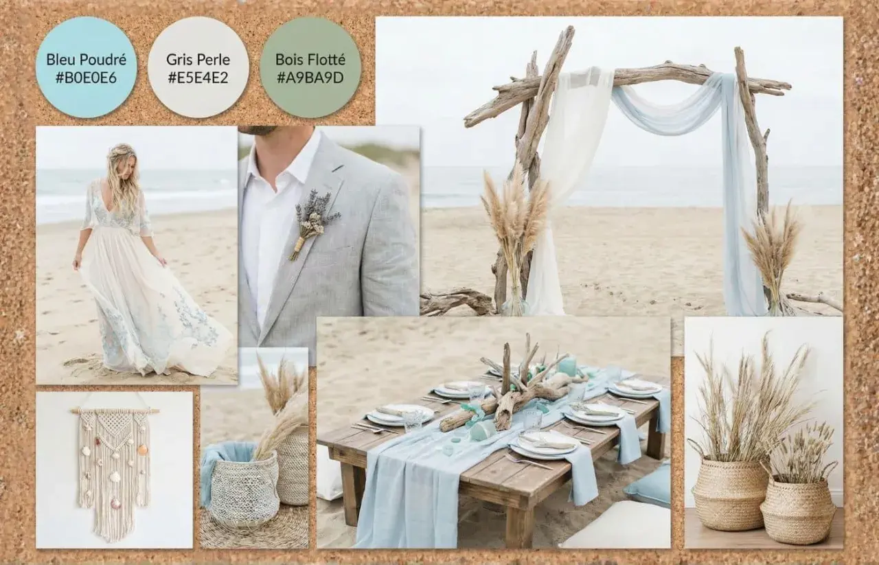 Inspiration mariage hippie sur la plage : robe bohème, costume gris, arche de bois flotté, table dressée, macramé et herbes de pampa.