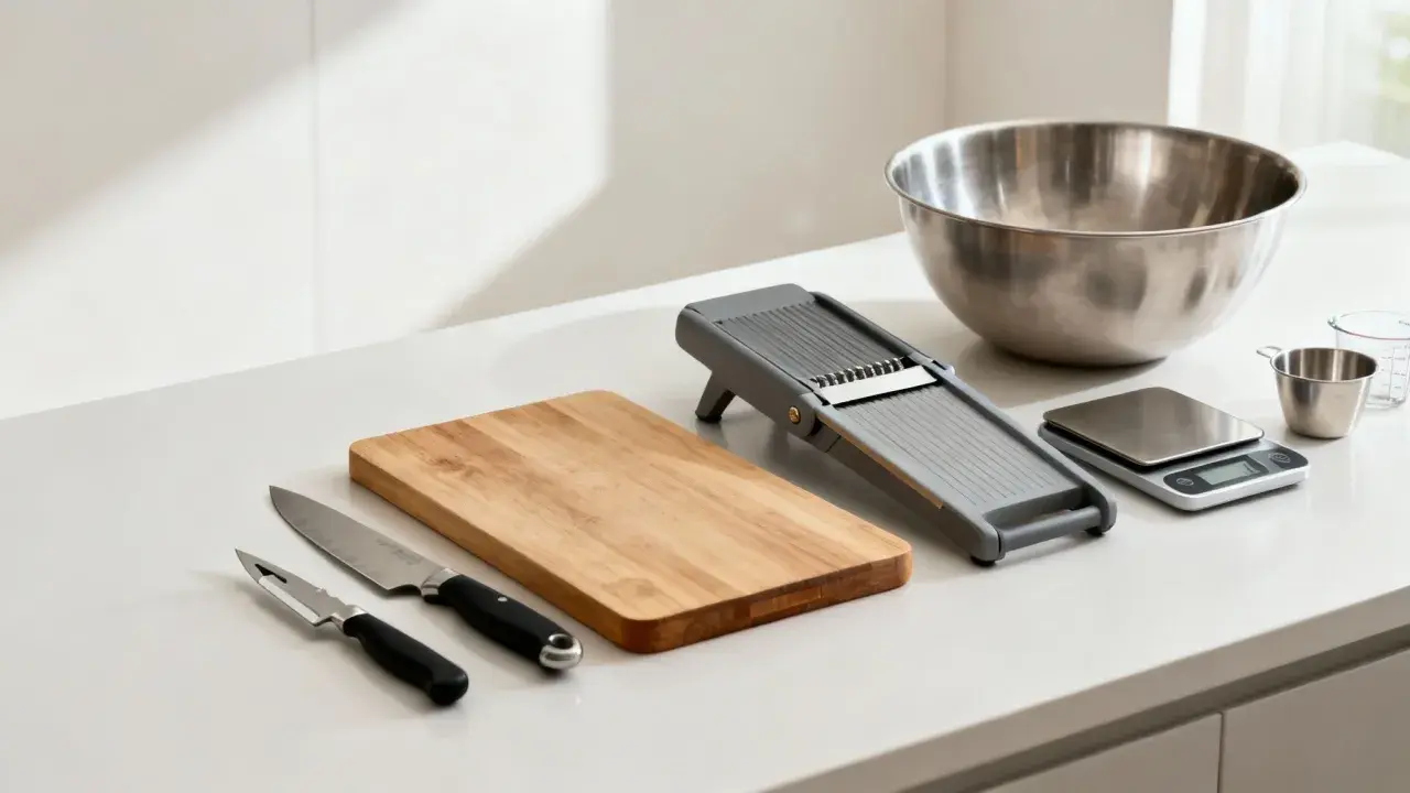 Liste d'ustensiles de cuisine : couteaux, planche à découper, mandoline, balance, bol et verre mesureur.