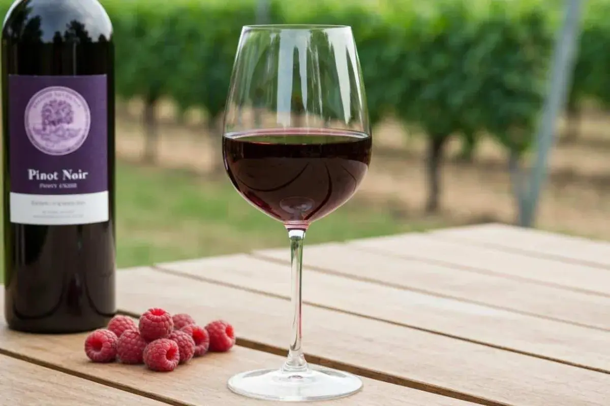 Verre de Pinot Noir, framboises et bouteille sur une table en bois, avec des vignes en arrière-plan. La température idéale pour ce vin est de 14-16°C.