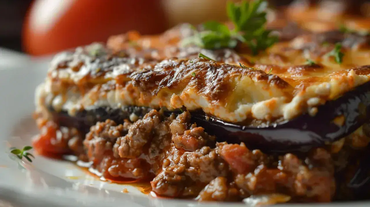 Une généreuse portion de moussaka, plat grec savoureux, avec des couches d'aubergine, de viande hachée et de béchamel gratinée.