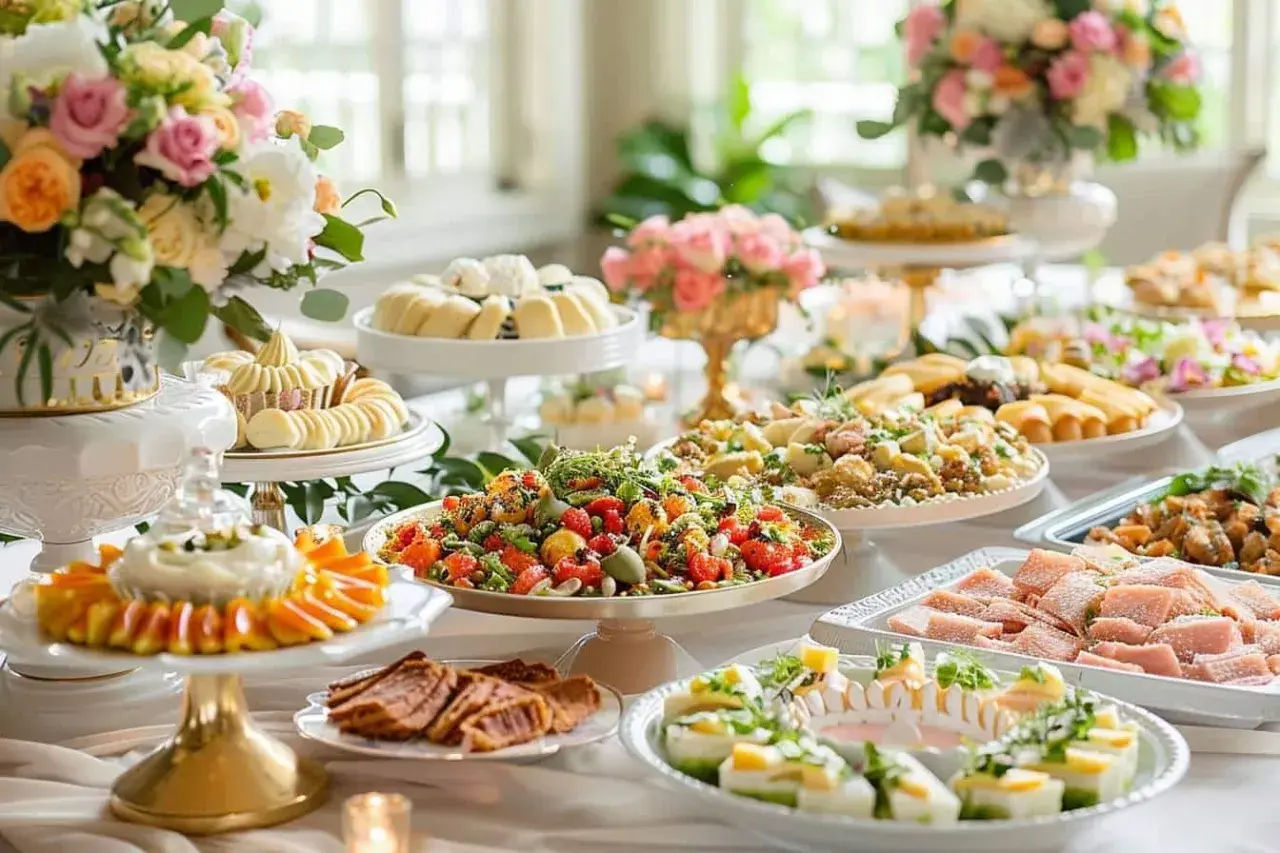 Buffet de mariage élégant avec salades colorées, petits fours, fruits et pâtisseries. Une recette mariage parfaite pour célébrer.