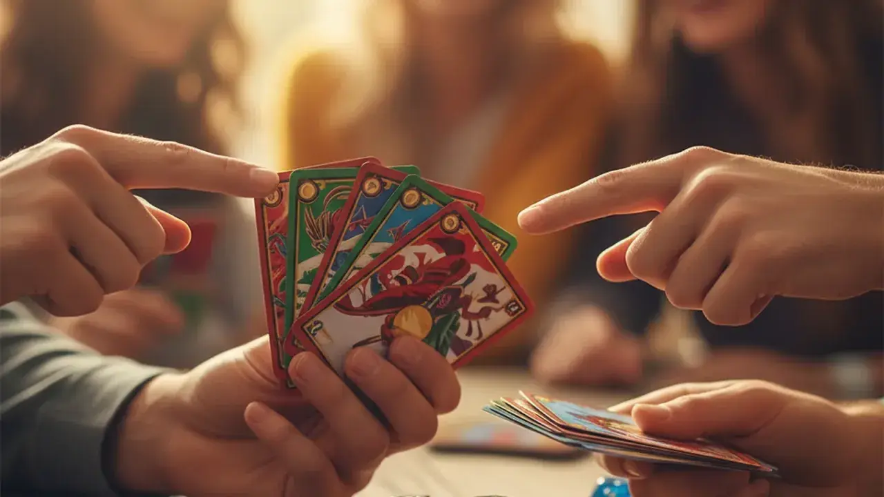 Des mains échangent des cartes colorées, illustrant une **activité EVG** ludique et conviviale.