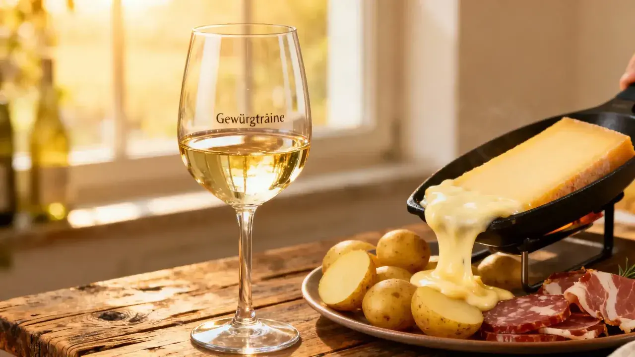 Verre de Gewurztraminer à côté d'une raclette fondante, pommes de terre et charcuterie. Une scène parfaite pour la conservation du Gewurztraminer.