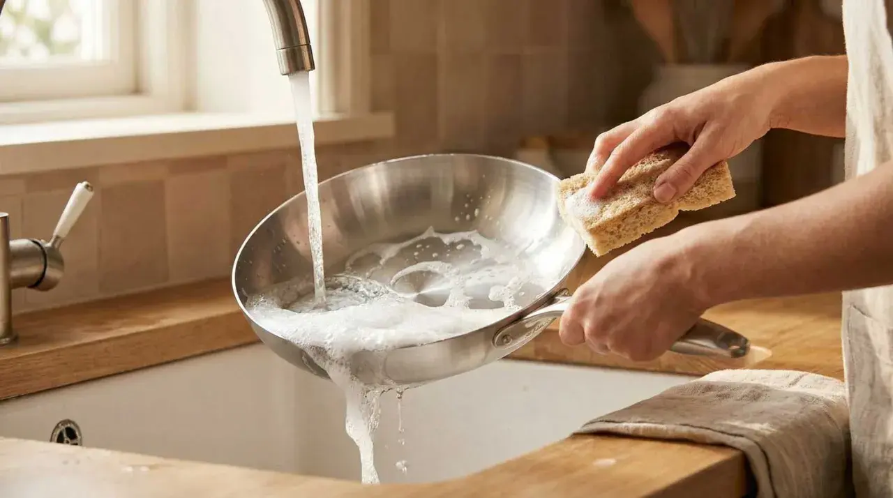 Main tenant, une éponge savonneuse pour nettoyer poêle sous un jet d'eau.