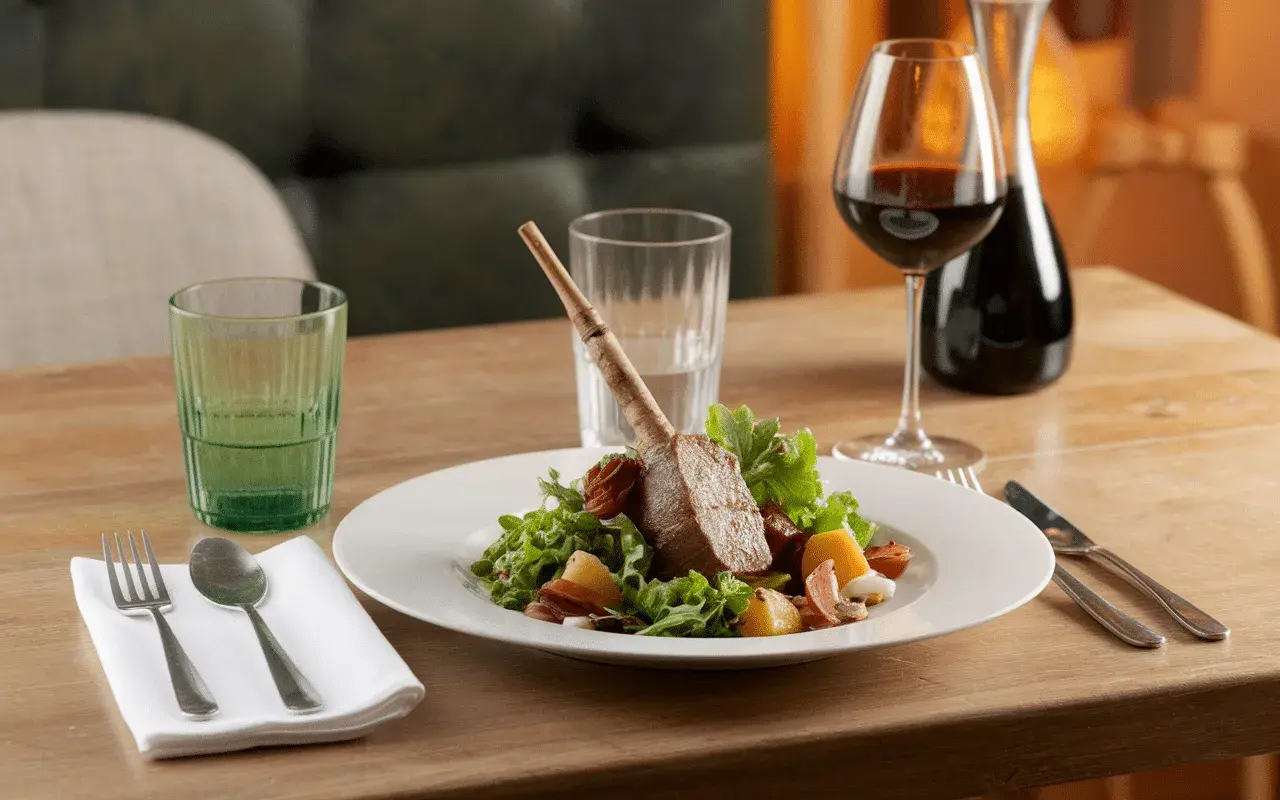 Un gigot d'agneau avec flageolets, servi avec un verre de vin rouge. Un plat parfait pour un repas savoureux.