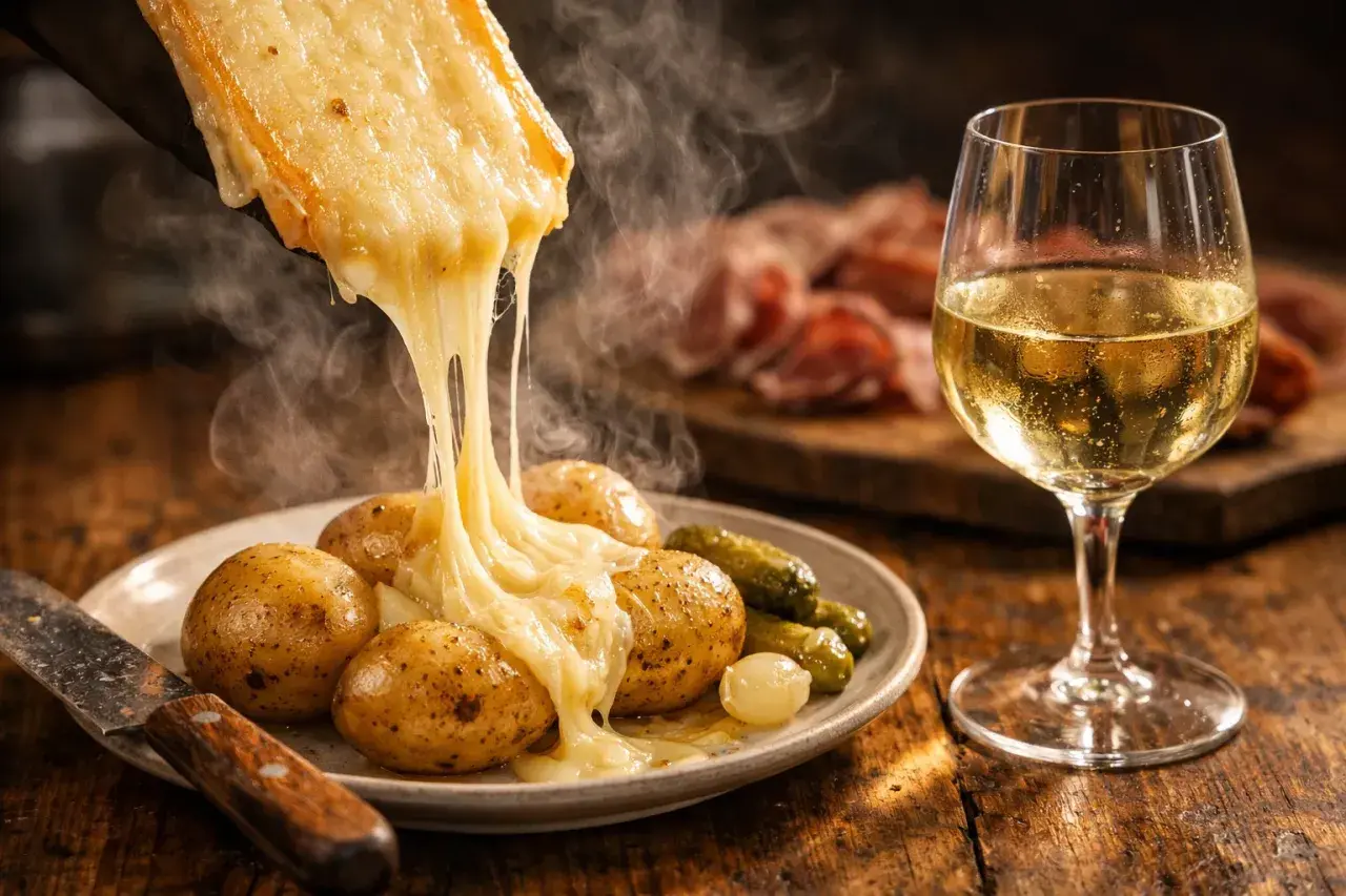 Raclette fondant sur des pommes de terre, accompagné d'un verre de Bourgogne Aligoté. Un délice réconfortant.