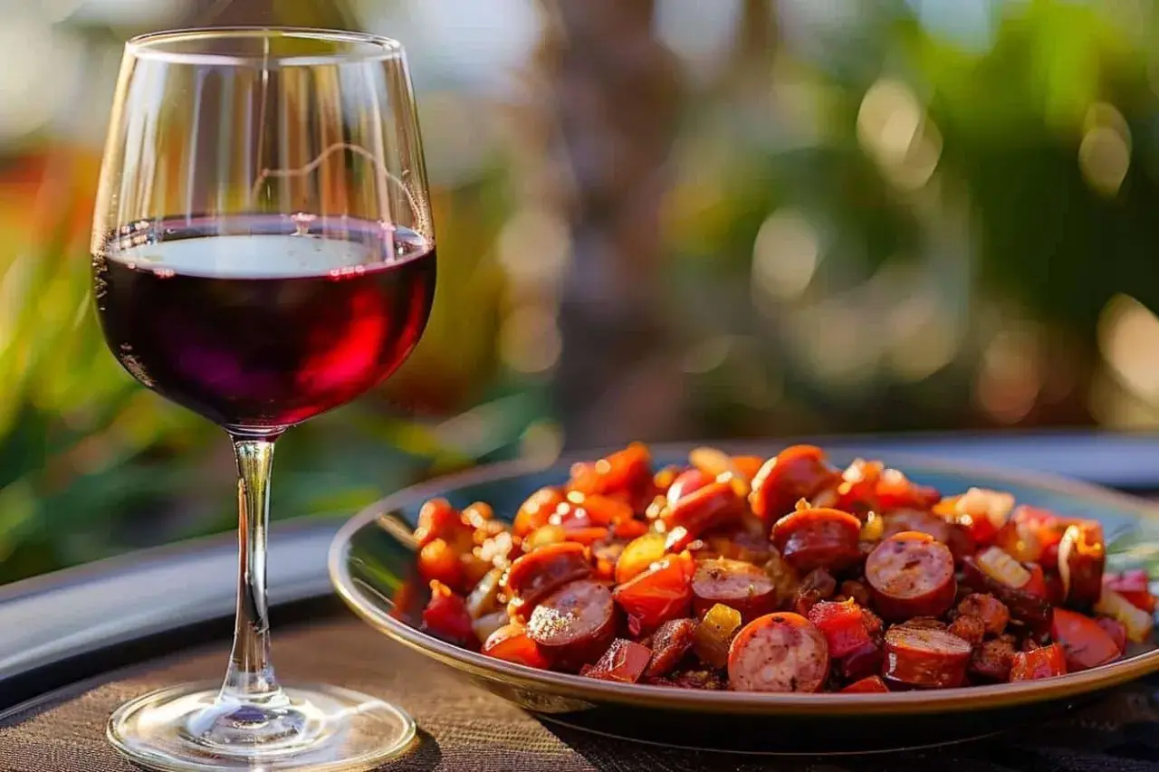 Un verre de vin rouge accompagne un plat de rougail saucisse, aux couleurs vives et appétissantes, sous un soleil doux.