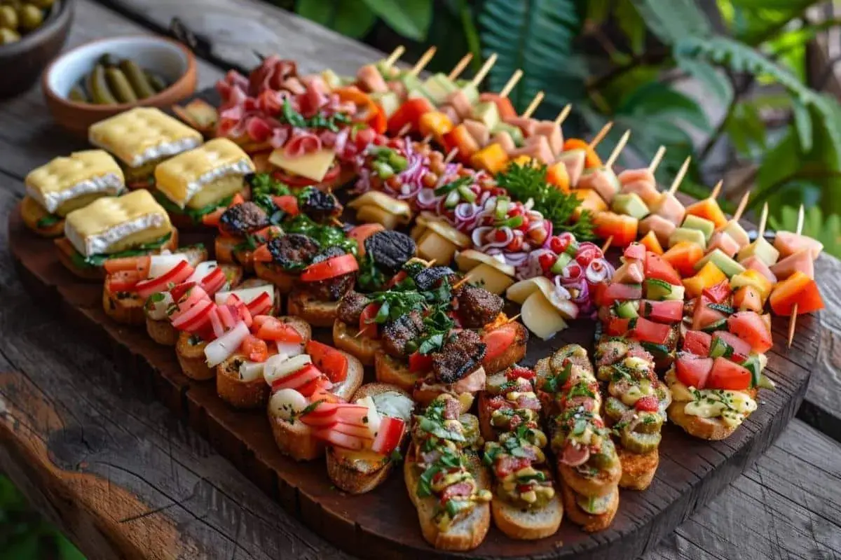 Plateau d'apéro dinatoire pour 15 personnes : brochettes colorées, bruschettas garnies, fromages et charcuteries. Un festin visuel !