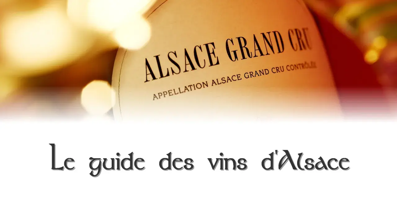 Étiquette "Alsace Grand Cru" sur une bouteille, évoquant un millésime d'Alsace. Le texte "Le guide des vins d'Alsace" apparaît en bas.