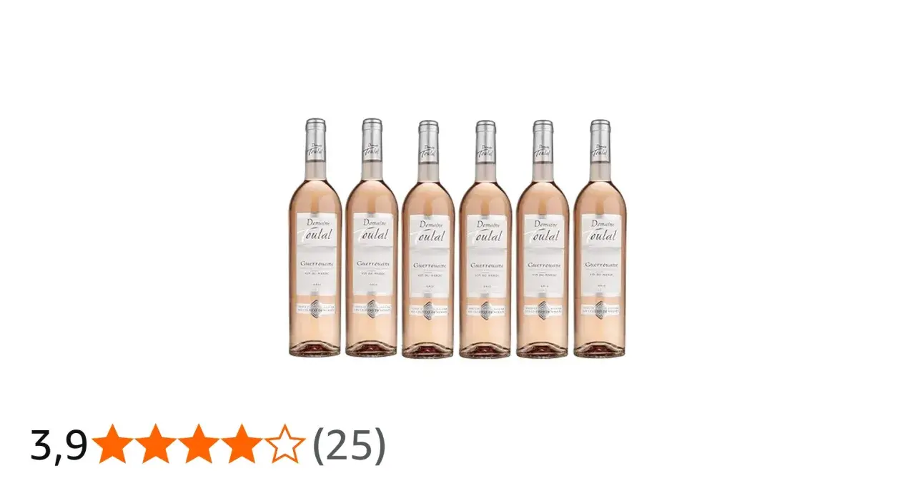 Six bouteilles de vin rosé "Guerrouane gris" du Domaine Oulal, alignées sur fond blanc.