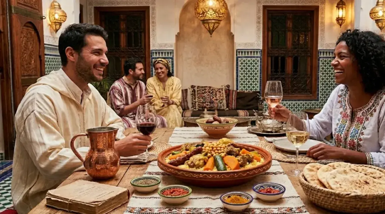 Un groupe d'amis partage un repas festif. Un grand plat de couscous est au centre de la table, accompagné de vin. L'ambiance est joyeuse et conviviale.
