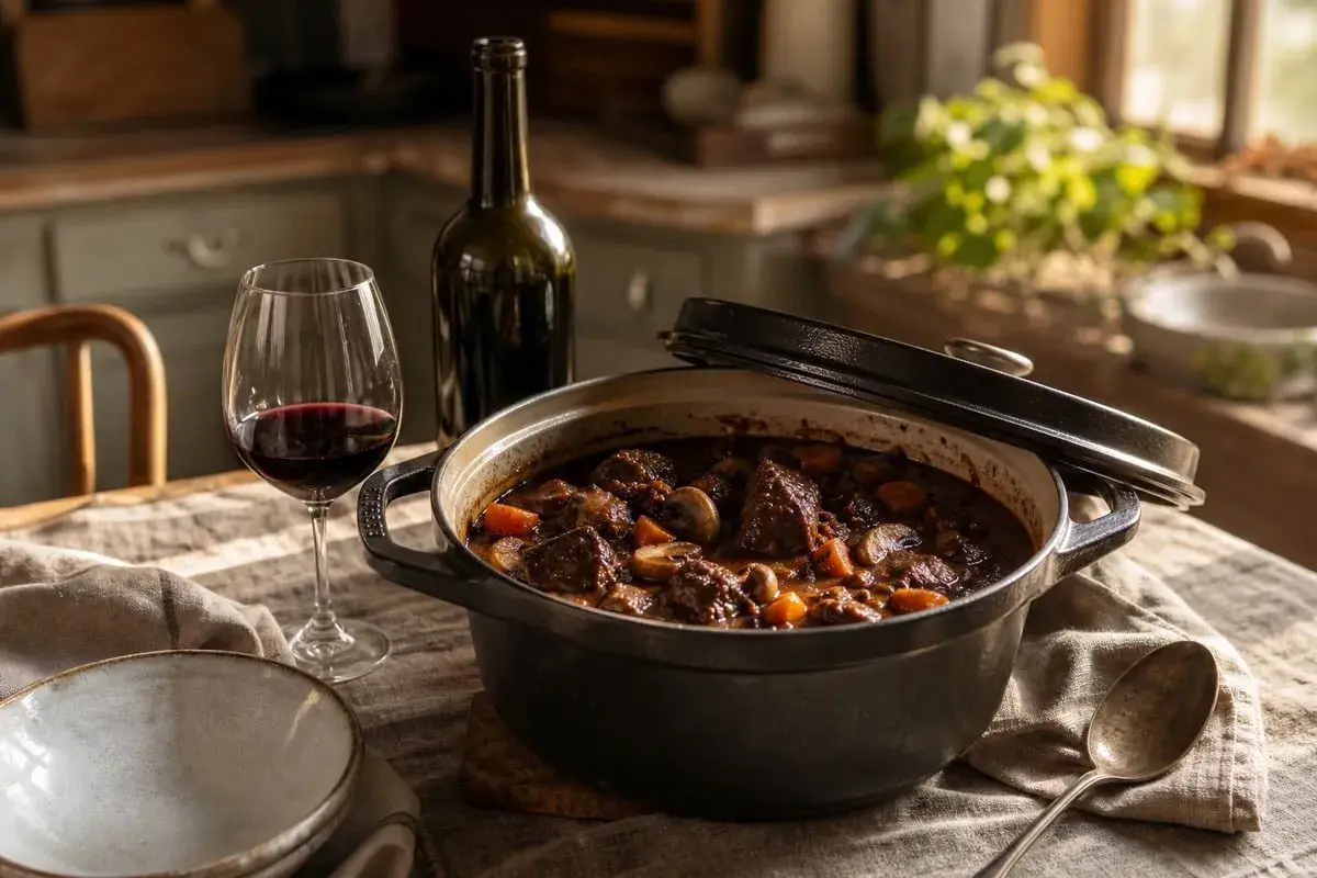 Un plat de bœuf bourguignon mijoté, prêt à être dégusté avec un verre de vin rouge. Quel vin avec un boeuf bourguignon ? Un Pinot Noir, bien sûr !