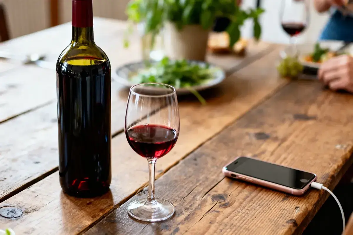 Bouteille de vin rouge et verre sur une table en bois, prêts pour une fondue vigneronne. Un téléphone portable est branché à proximité.